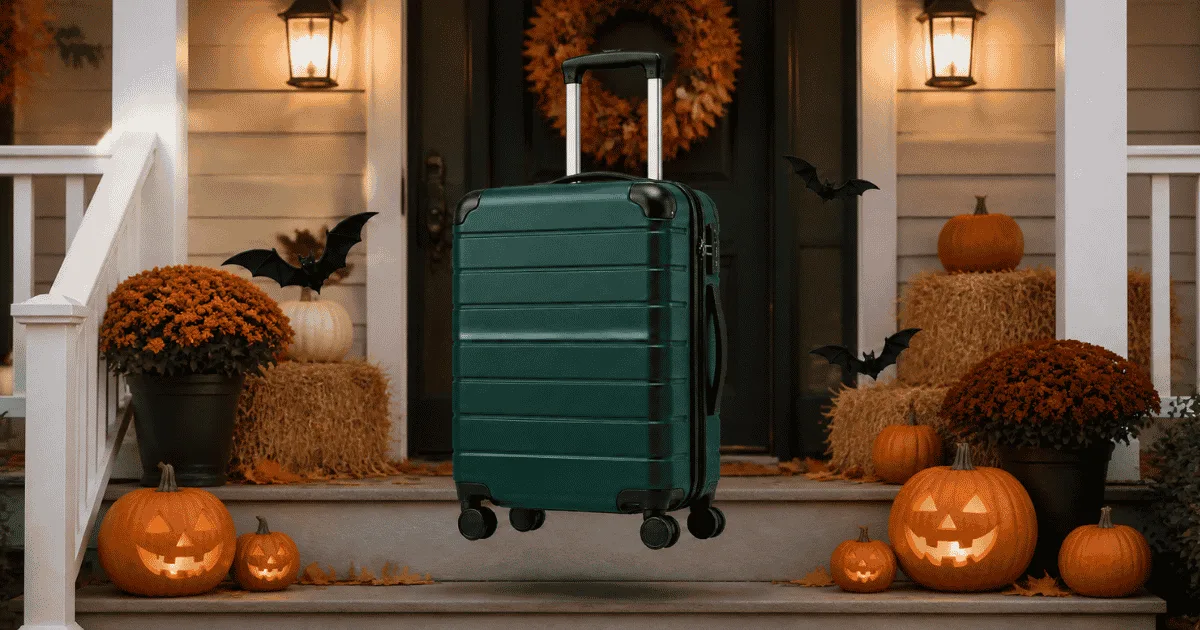 A dark green hard-shell suitcase floating above the steps of a front porch decorated for Halloween with carved jack-o-lanterns, mums, hay bales, and an autumn wreath