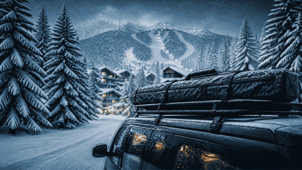 Ski bag strapped to a shuttle roof rack in snow.